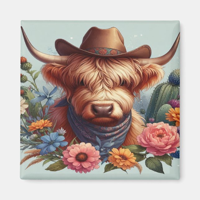 Highland Cow Wearing Cowboy Hat Magnet (Front)