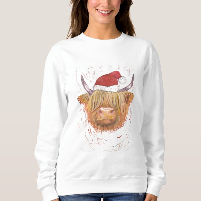Highland Cow wearing hat Christmas Jumper Sweatshirt (Front)