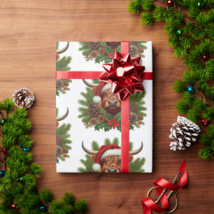 Highland Cow Wearing Santa Hat Wrapping Paper