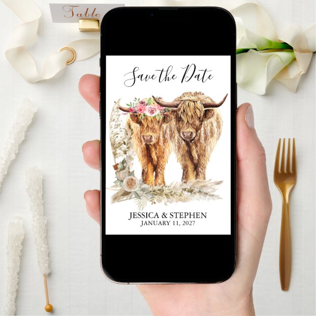 Highland Cow Wedding Watercolor  Save The Date (Front Digital)