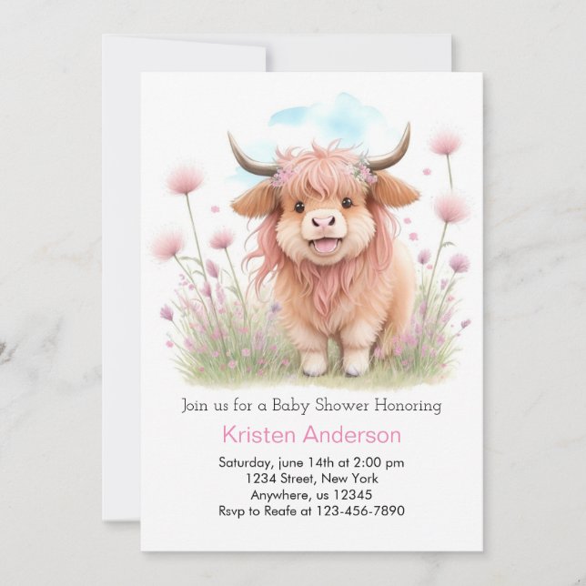 Highland Cow Whimsical Girl Baby Shower Invitation (Front)
