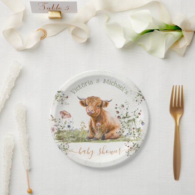 Highland Cow Wildflower Baby Shower Paper Plates (Wedding)
