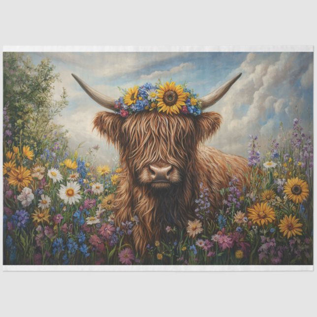 Highland Cow Wildflower Flower Crown Decoupage Tissue Paper (Front)