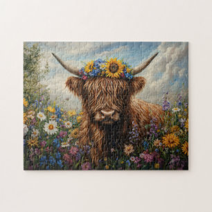Highland Cow Wildflower Flower Crown Jigsaw Puzzle