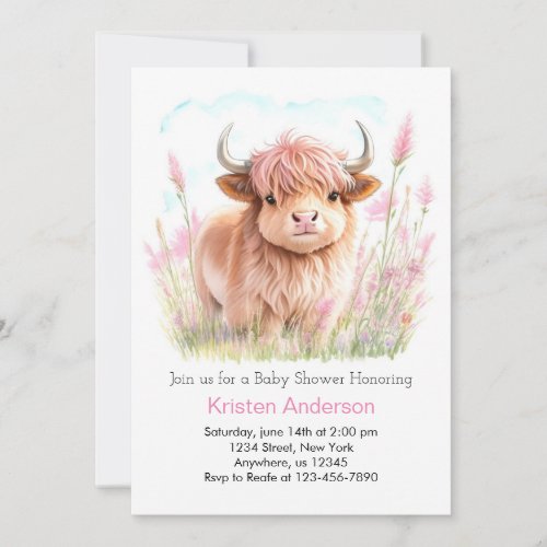 Highland Cow Wildflower Girl Baby Shower Invitation