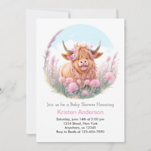 Highland Cow Wildflower Girl Baby Shower Invitation