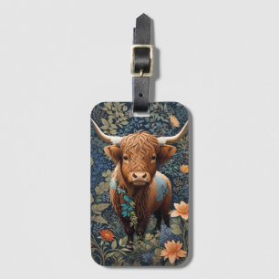 Highland Cow William Morris Inspired Blue Floral  Luggage Tag