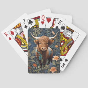 Highland Cow William Morris Inspired Blue Floral Poker Cards