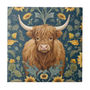 Highland Cow William Morris style Yellow Sunflower Ceramic Tile