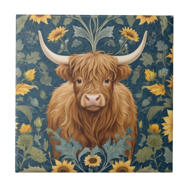 Highland Cow William Morris style Yellow Sunflower Ceramic Tile (Front)