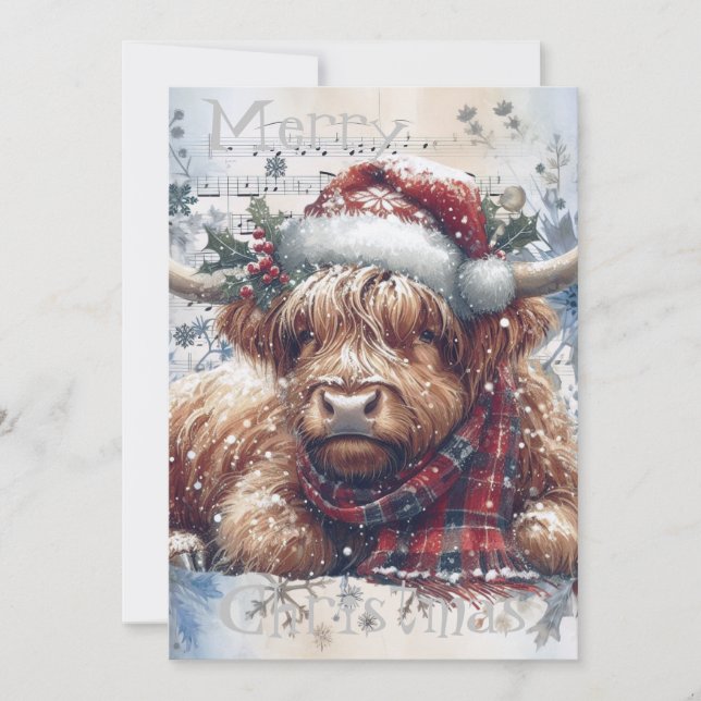 Highland Cow Winter Christmas Watercolor Holiday Card (Front)