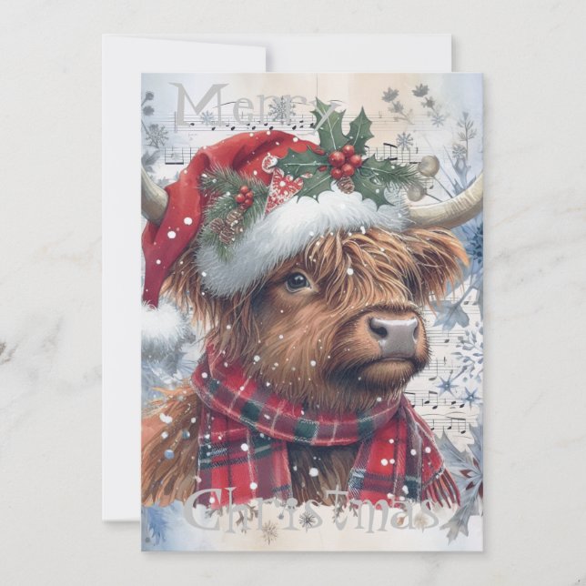 Highland Cow Winter Christmas Watercolor Holiday Card (Front)