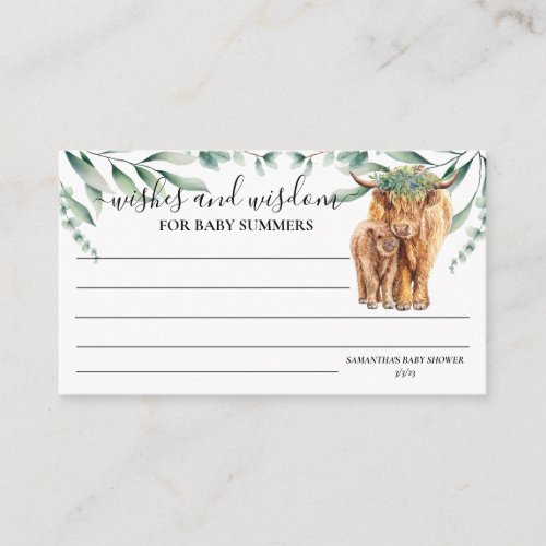 Highland Cow Wishes Wisdom Eucalyptus Baby Shower Enclosure Card