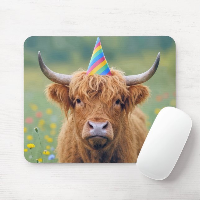 Highland Cow with Birthday Party Hat Mouse Pad (With Mouse)