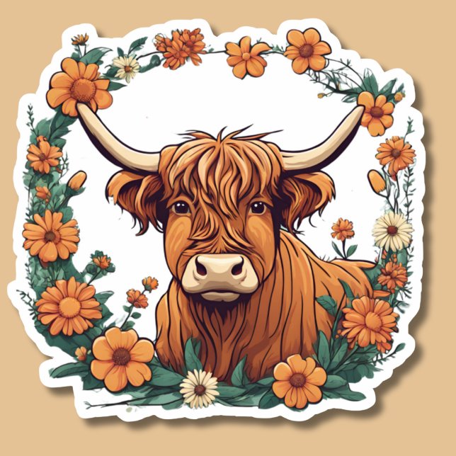 Highland Cow With Bohemian Flowers  Sticker (Creator Uploaded)