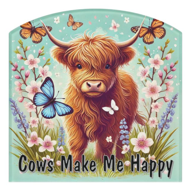 Highland Cow with Butterflies and Spring Flowers Door Sign (Contour Front)