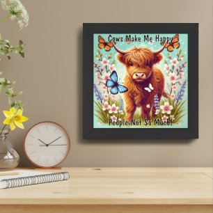 Highland Cow with Butterflies and Spring Flowers Framed Art