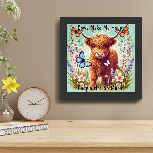 Highland Cow with Butterflies and Spring Flowers Framed Art (Table Top)