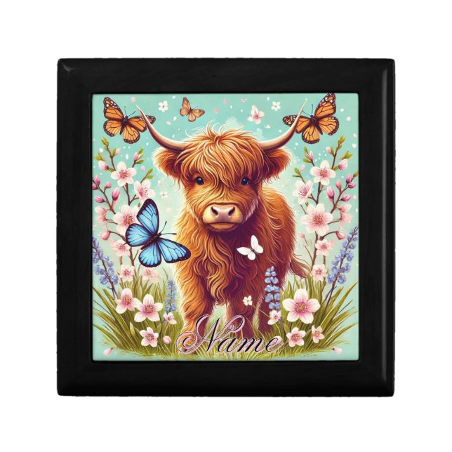 Highland Cow with Butterflies and Spring Flowers Gift Box (Front)