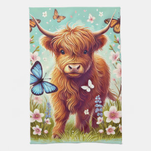 Highland Cow with Butterflies and Spring Flowers Kitchen Towel