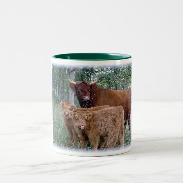 Highland Cow with Calves Two-Tone Coffee Mug (Center)