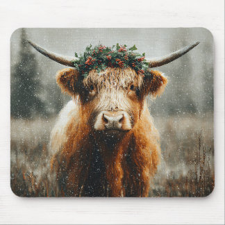 Highland Cow With Christmas Wreath Crown Mouse Pad