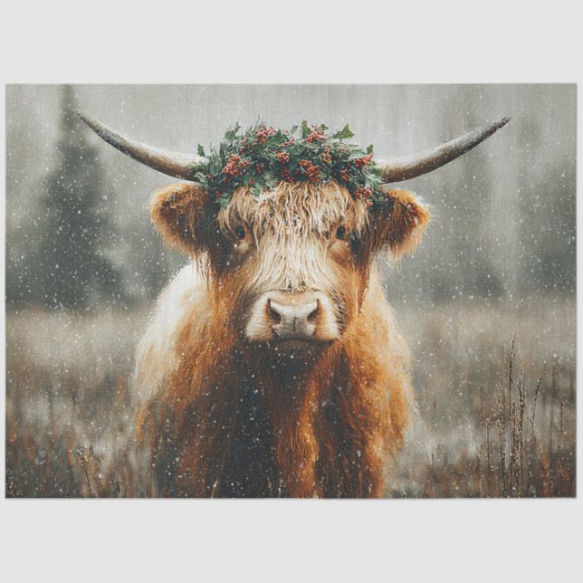 Highland Cow With Christmas Wreath Crown Tissue Paper (Front)