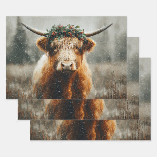 Highland Cow With Christmas Wreath Crown Wrapping Paper Sheets