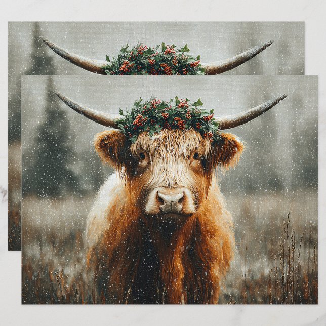 Highland Cow With Christmas Wreath Scrapbook Paper (Front/Back)