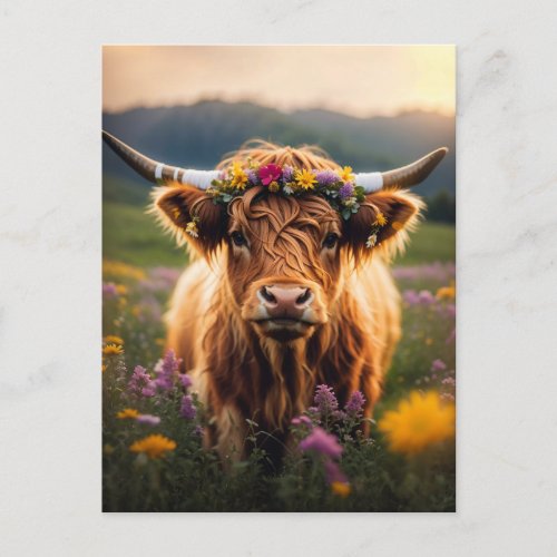 Highland Cow With Colorful Flower Crown Postcard