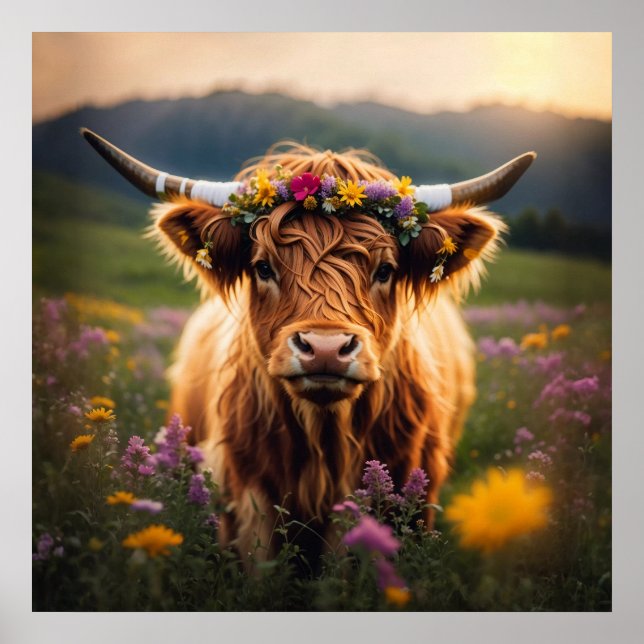 Highland Cow With Colorful Flower Crown Poster (Front)