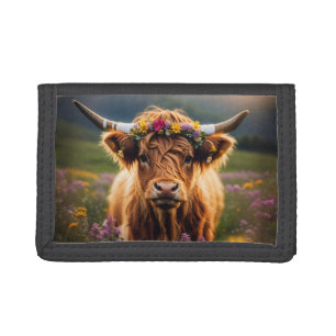 Highland Cow With Colorful Flower Crown Tri-fold Wallet