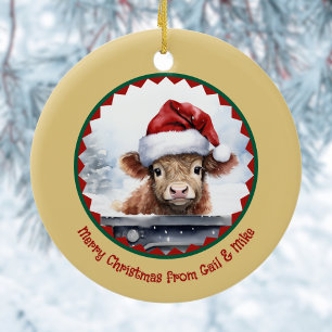 Highland Cow with Cute Santa Hat n Name Christmas Ceramic Ornament