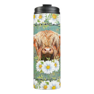 Highland Cow With Daisies On Rustic Background Thermal Tumbler