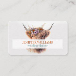 Highland Cow with Floral Crown Watercolor Illustra Business Card