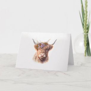Highland Cow with Floral Crown Watercolor Illustra Card