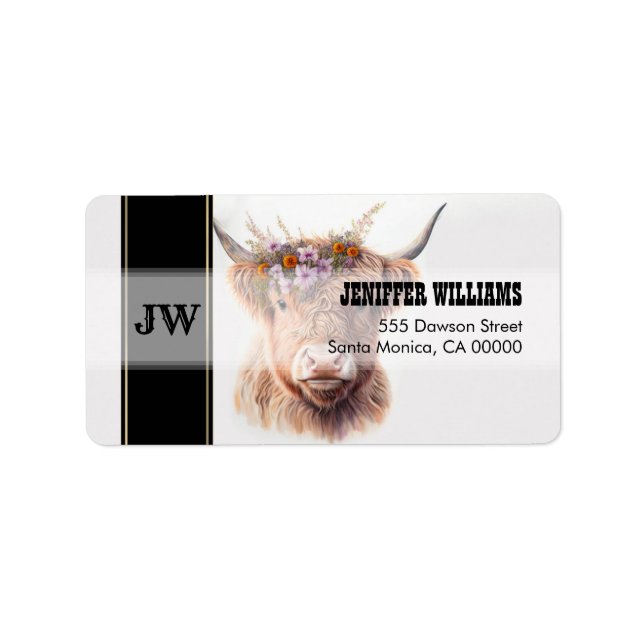 Highland Cow with Floral Crown Watercolor Illustra Label (Front)