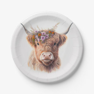 Highland Cow with Floral Crown Watercolor Illustra Paper Plates
