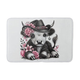 Highland Cow With Floral Hat Bath Mat
