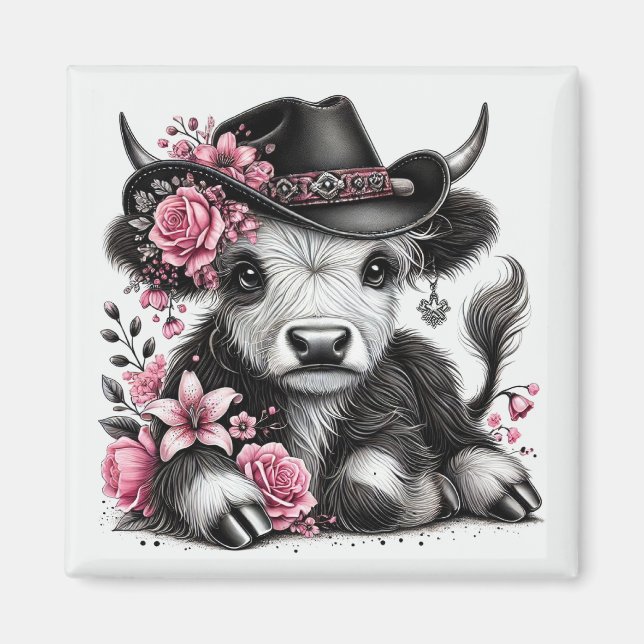 Highland Cow With Floral Hat Magnet (Front)