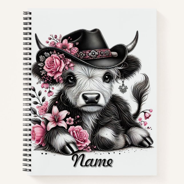 Highland Cow With Floral Hat Notebook (Front)