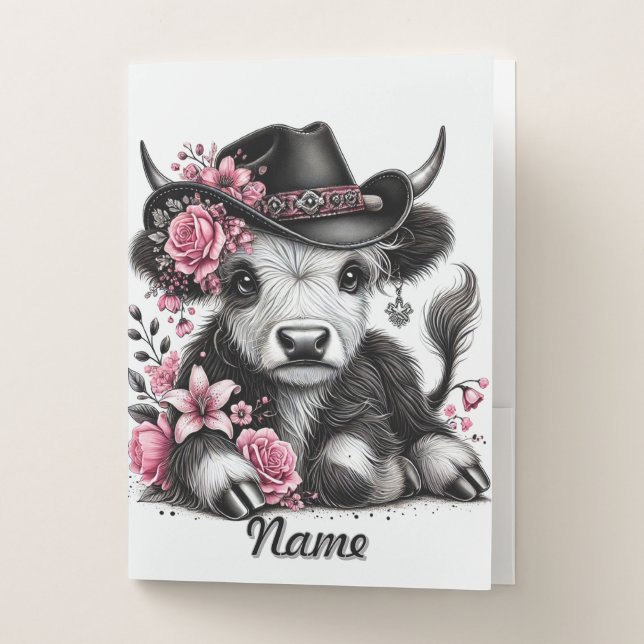 Highland Cow With Floral Hat Pocket Folder (Front)