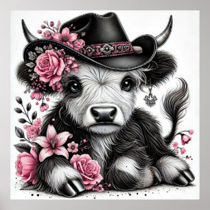 Highland Cow With Floral Hat Poster
