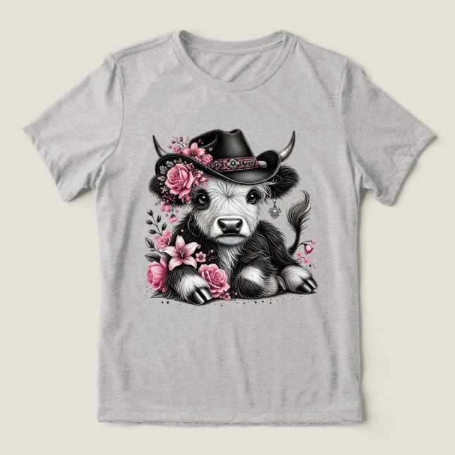 Highland Cow With Floral Hat  Tri-Blend Shirt (Design Front)