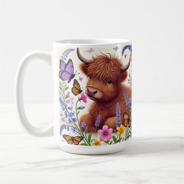 Highland Cow with Flowers and Butterflies Coffee Mug (Left)