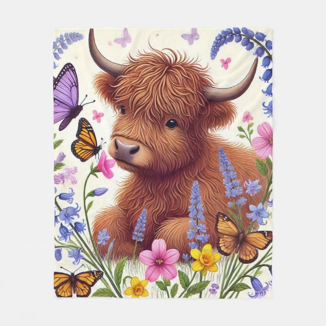 Highland Cow with Flowers and Butterflies Fleece Blanket (Front)