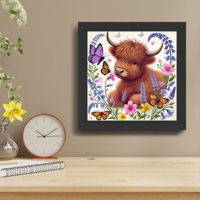 Highland Cow with Flowers and Butterflies Framed Art (Table Top)