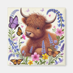 Highland Cow with Flowers and Butterflies Magnet
