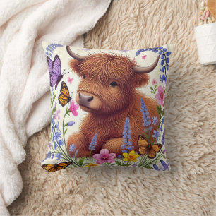 Highland Cow with Flowers and Butterflies Throw Pillow