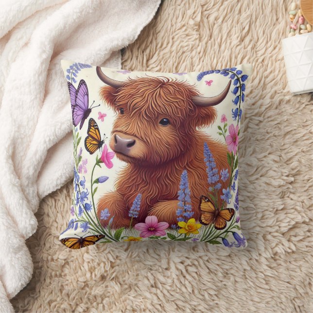 Highland Cow with Flowers and Butterflies Throw Pillow (Blanket)